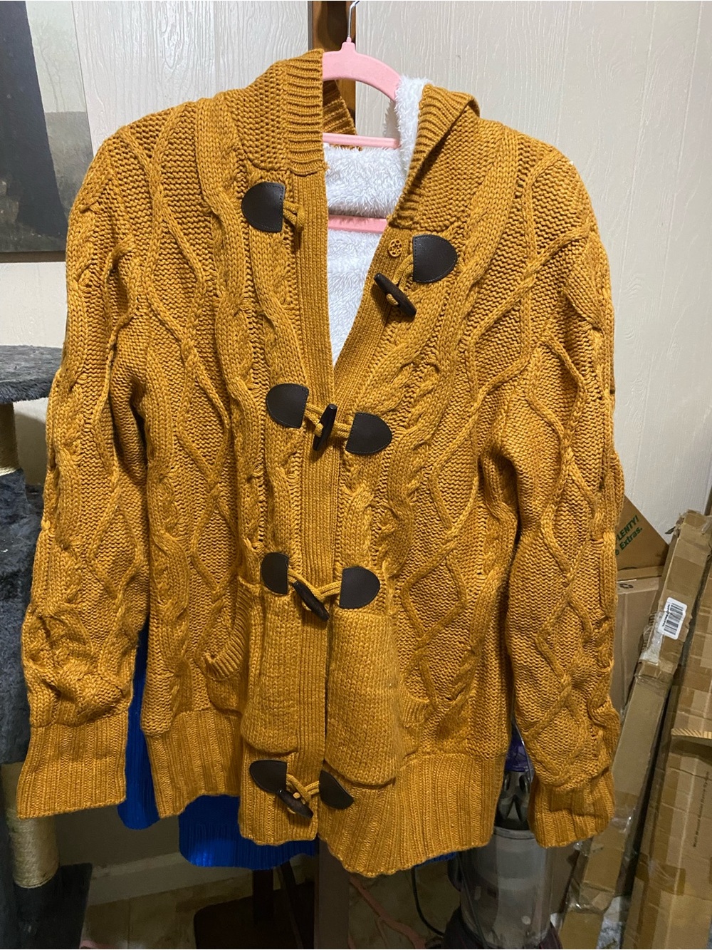 Source Unknown Mustard Cable-Knit Toggle Hooded Cardigan
